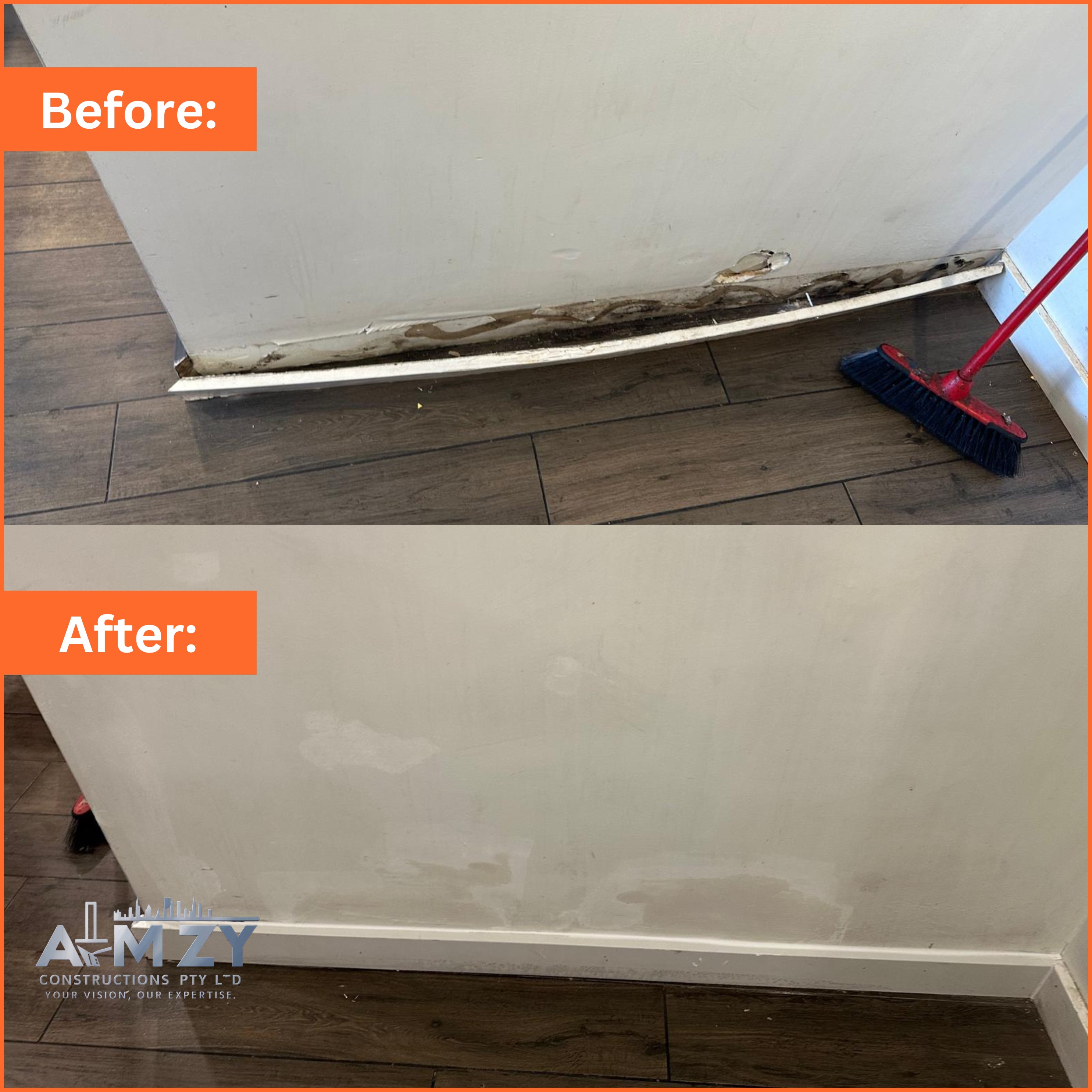 Water-damaged skirting board area restored and sealed